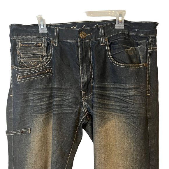 Knockout Jeans Mens 38 x 34 Straight Leg Moto Blue Zippers Faded Relaxed Denim 1 - Picture 2 of 13